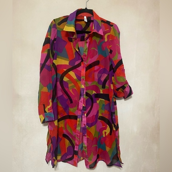 Live 4 Truth LIKE NEW colorful eclectic roll tab sleeve long line sheer tunic M - Picture 2 of 6